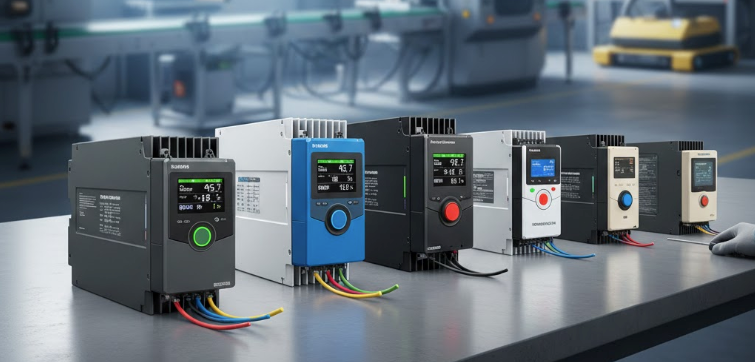 Realistic line-up of diverse industrial AC drives (VFDs) from different manufacturers.