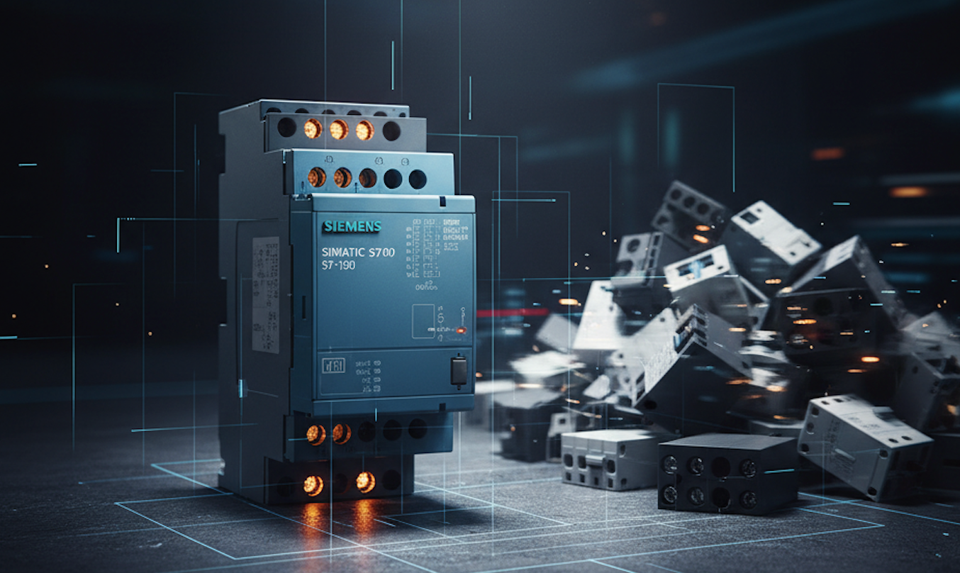 Siemens PLC & contactors for industrial automation. Digital blueprint overlay.