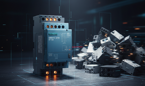 Siemens PLC & contactors for industrial automation. Digital blueprint overlay.